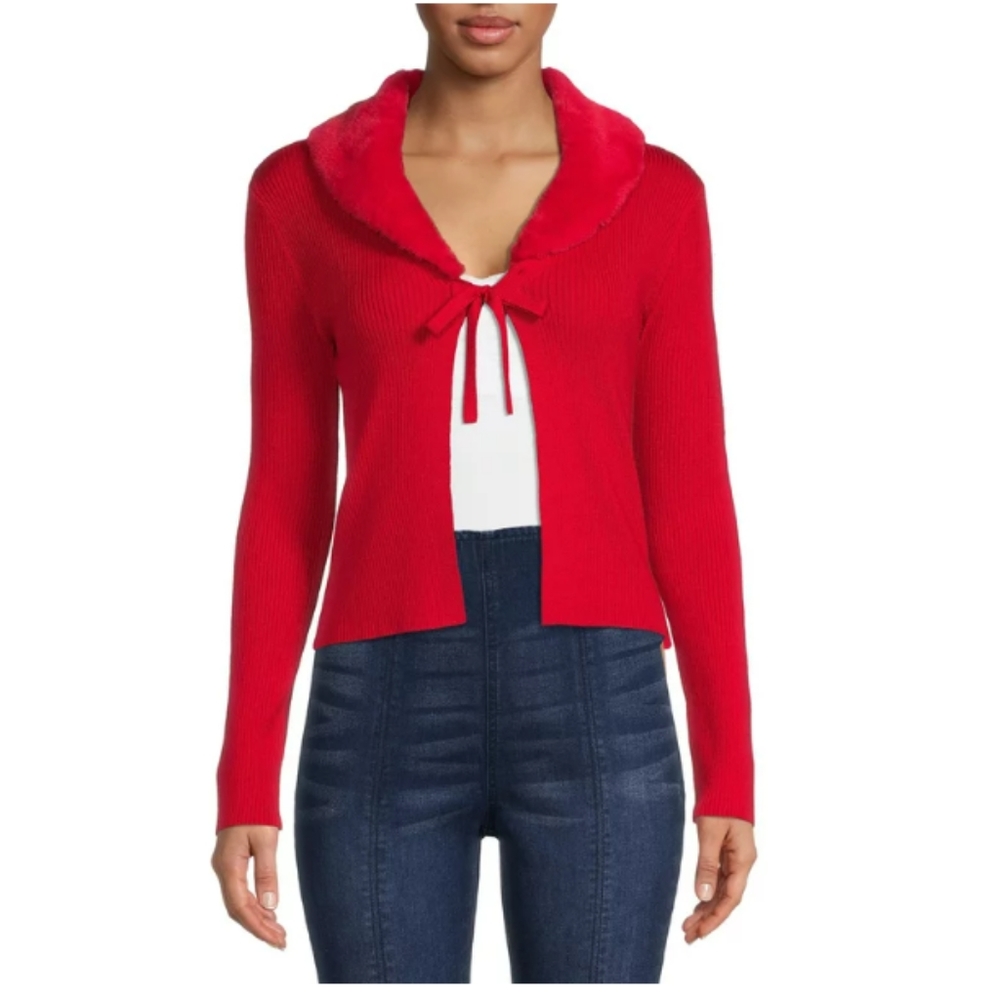 🎀Red Faux Fur Open Tie Front Cardigan NWT - Picture 3 of 8